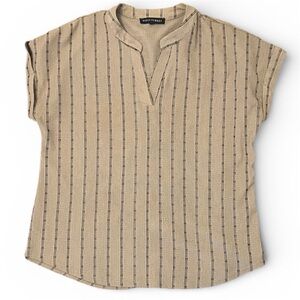 Fifty Street Striped Split Neck Blouse Short Sleeve Neutral Tan Top Size Large